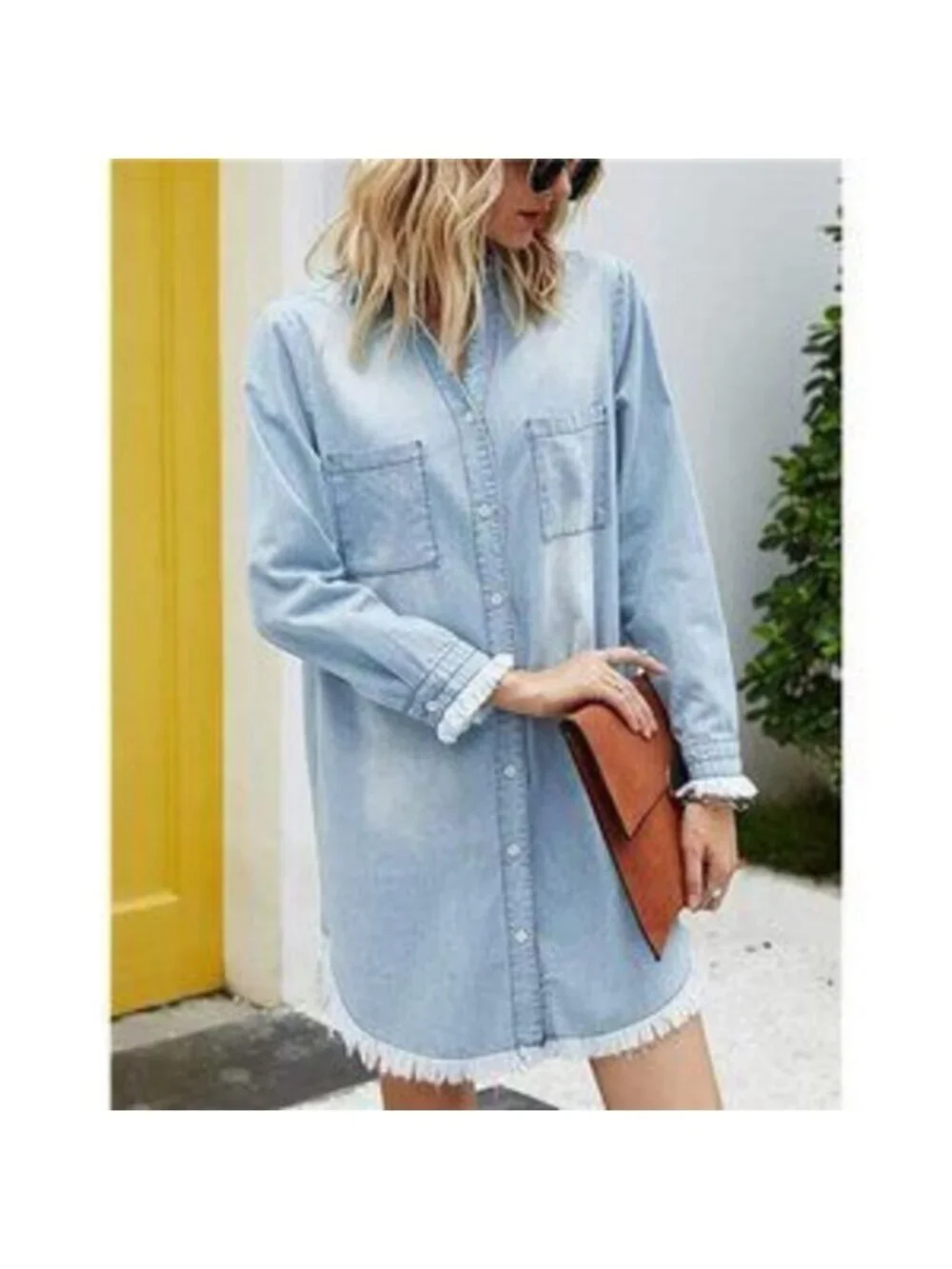 Women's Denim Shirt Dress Long Sleeve Distressed Jean Dress Tunic Top - Picture 3 of 4